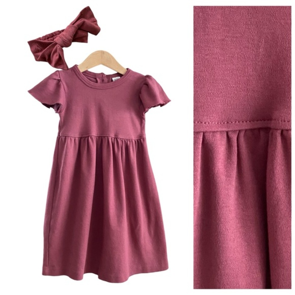 Kate Quinn Pink Organic Cotton Flutter Dress with Matching Bow Headband 3t